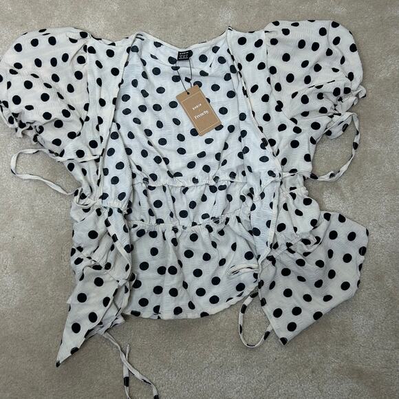 SHEIN Frenchy Polka Dot Print Tie Front Short Puff Sleeve Blouse Sz M - Picture 8 of 12